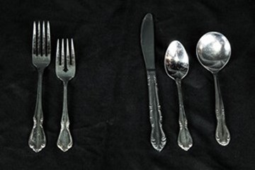 Salad fork, dinner fork, knife, teaspoon, soup spoon